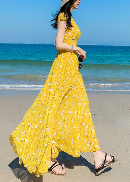 Modern Yellow V Neck Print Chiffon Long Dress Short Sleeve LY1702 - fabuloryshop