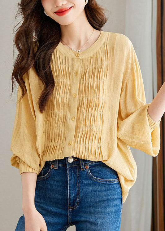 Modern Yellow Wrinkled Button Patchwork Chiffon Top Long Sleeve TQ1056 - fabuloryshop