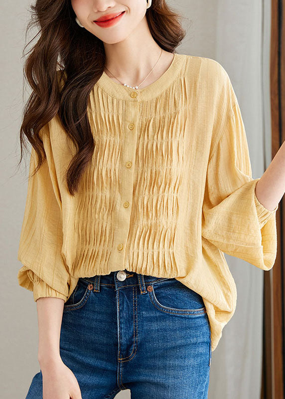 Modern Yellow Wrinkled Button Patchwork Chiffon Top Long Sleeve Ada Fashion