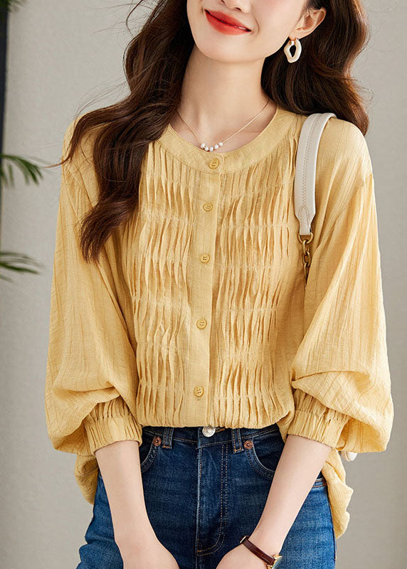 Modern Yellow Wrinkled Button Patchwork Chiffon Top Long Sleeve Ada Fashion