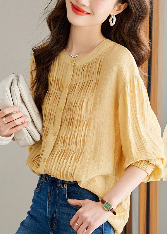 Modern Yellow Wrinkled Button Patchwork Chiffon Top Long Sleeve Ada Fashion