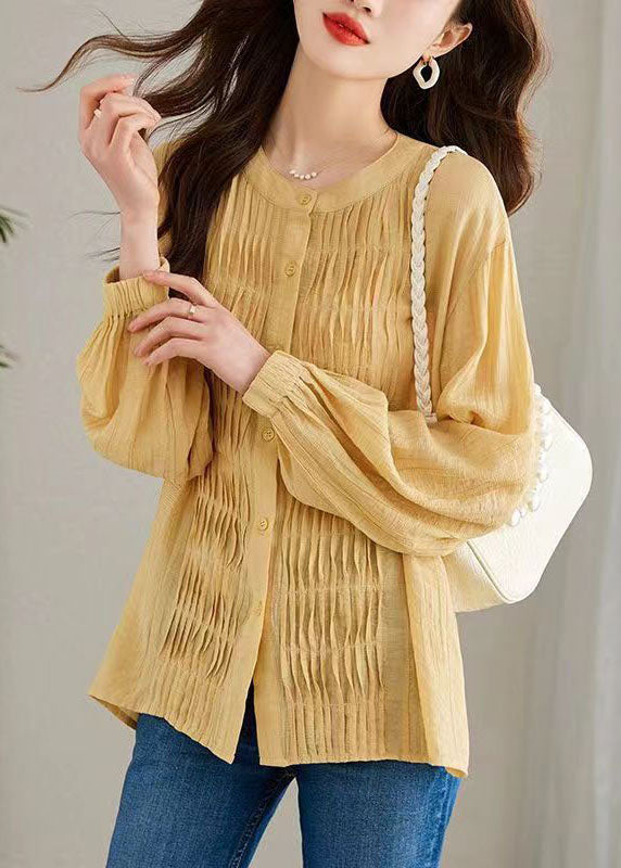 Modern Yellow Wrinkled Button Patchwork Chiffon Top Long Sleeve Ada Fashion