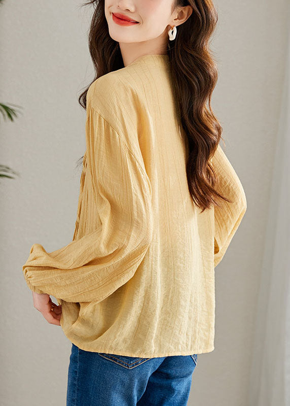 Modern Yellow Wrinkled Button Patchwork Chiffon Top Long Sleeve Ada Fashion