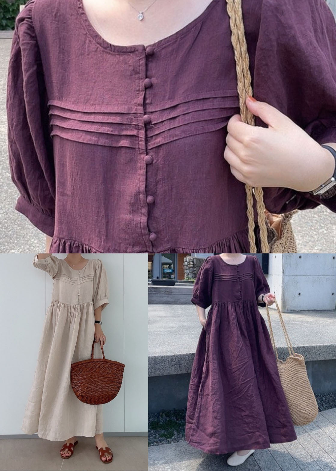 Mulberry Patchwork Linen Dress O Neck Wrinkled Short Sleeve LY2188 - fabuloryshop