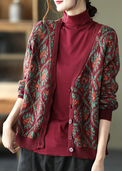 Mulberry Print Knit Loose Cardigan V Neck Button Spring TG1033 - fabuloryshop