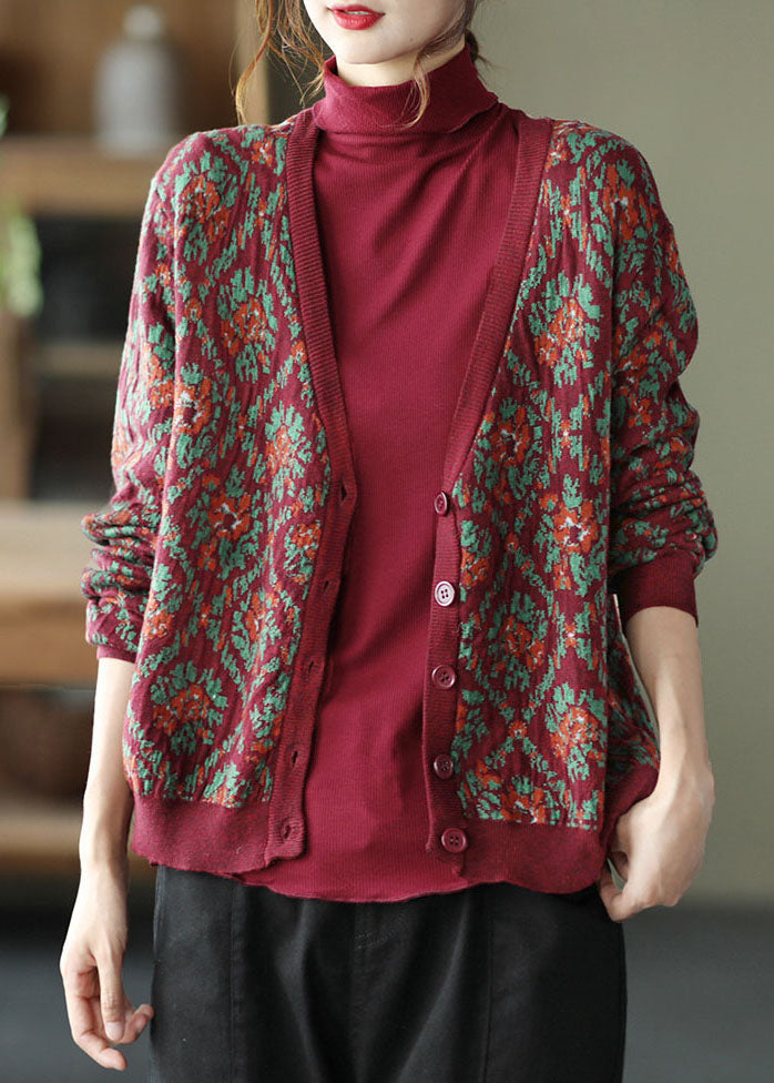 Mulberry Print Knit Loose Cardigan V Neck Button Spring TG1033 - fabuloryshop