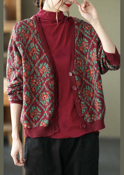 Mulberry Print Knit Loose Cardigan V Neck Button Spring TG1033 - fabuloryshop