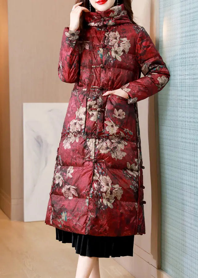 Mulberry Print Pockets Patchwork Duck Down Puffer Coats Stand Collar Winter Ada Fashion