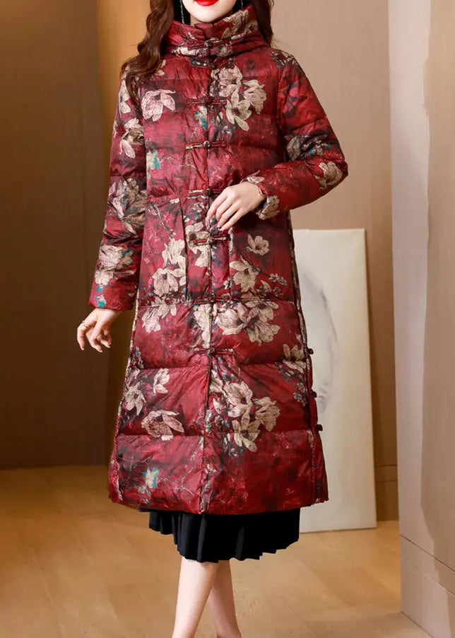 Mulberry Print Pockets Patchwork Duck Down Puffer Coats Stand Collar Winter Ada Fashion