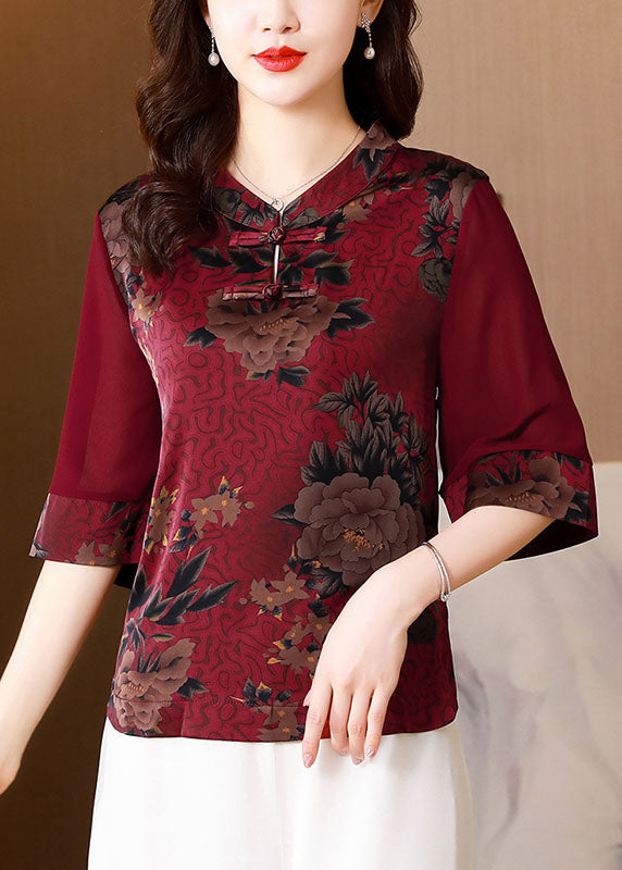 Mulberry Print Silk Shirts Chinese Button Stand Collar Summer LY0442 - fabuloryshop