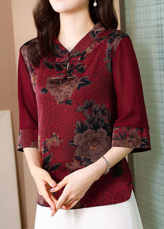 Mulberry Print Silk Shirts Chinese Button Stand Collar Summer LY0442 - fabuloryshop