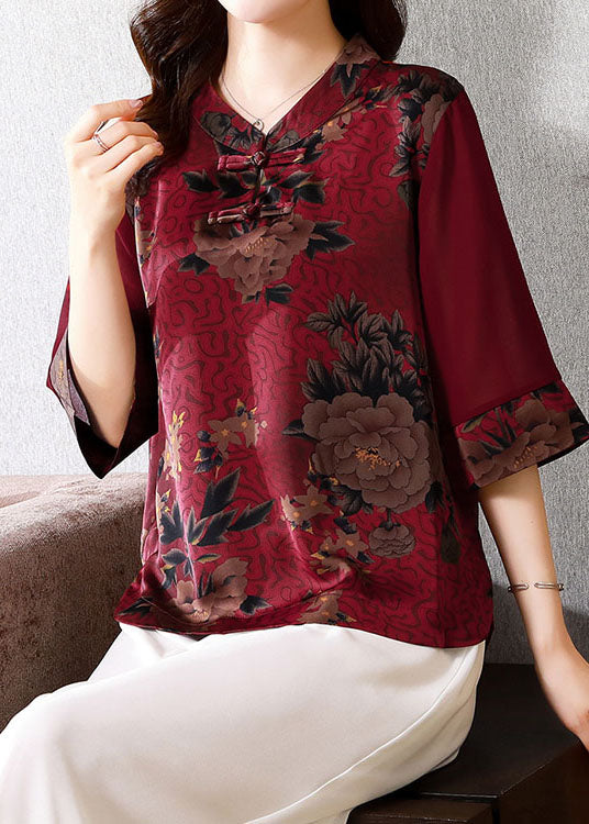 Mulberry Print Silk Shirts Chinese Button Stand Collar Summer LY0442 - fabuloryshop