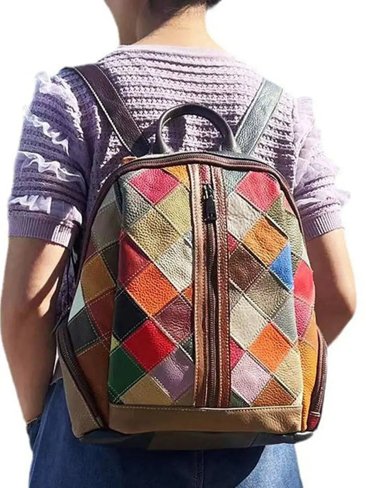 Multicolor Rhomboids Leather Spliced Zipper Backpack Ada Fashion