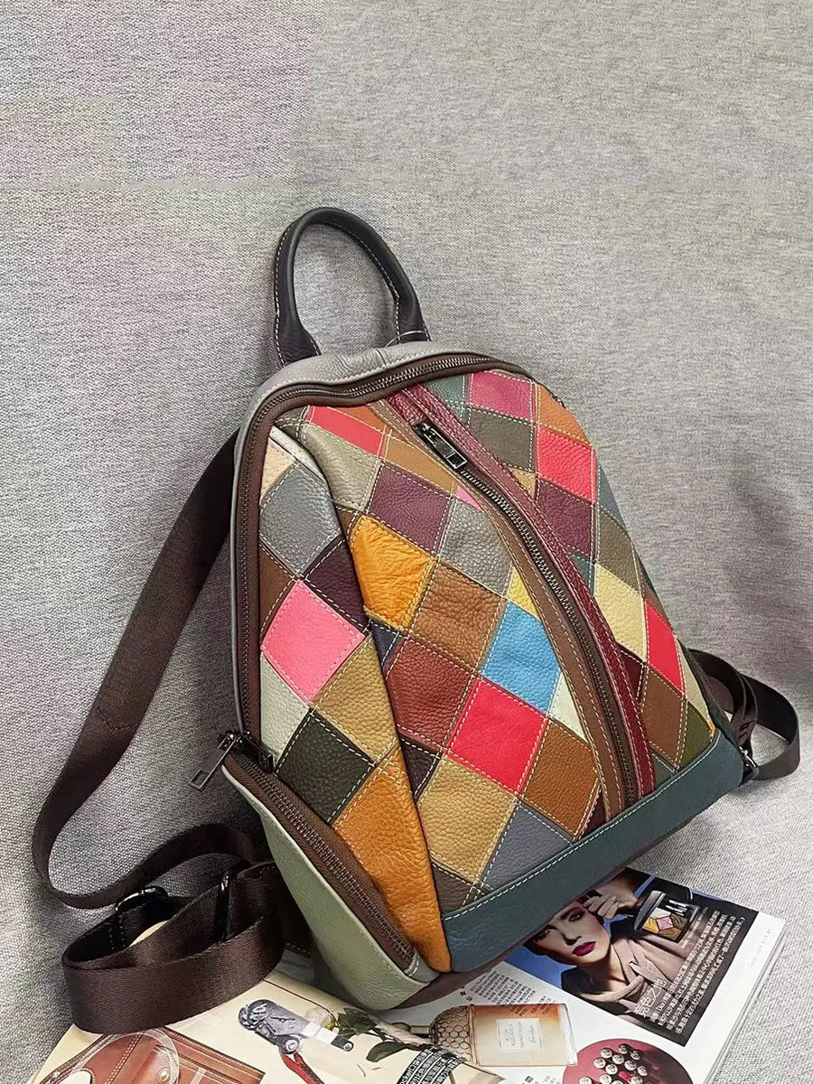 Multicolor Rhomboids Leather Spliced Zipper Backpack Ada Fashion