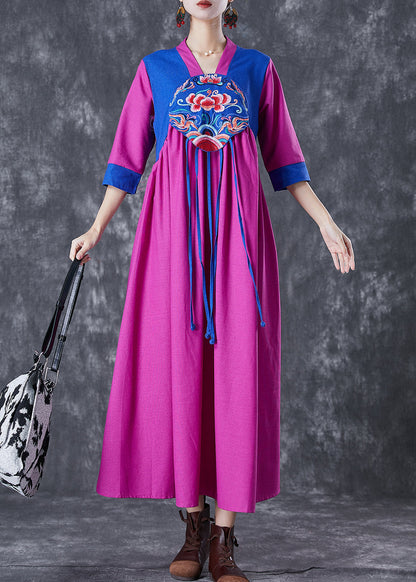 National Style Purple Red Embroideried Patchwork Tasseled Linen Dresses Summer LY7099 - fabuloryshop