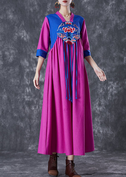 National Style Purple Red Embroideried Patchwork Tasseled Linen Dresses Summer LY7099 - fabuloryshop