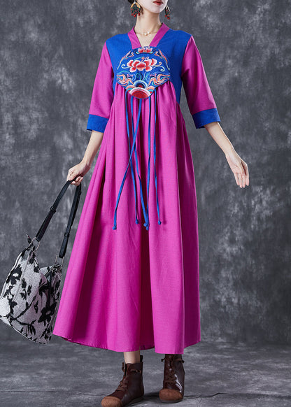 National Style Purple Red Embroideried Patchwork Tasseled Linen Dresses Summer LY7099 - fabuloryshop