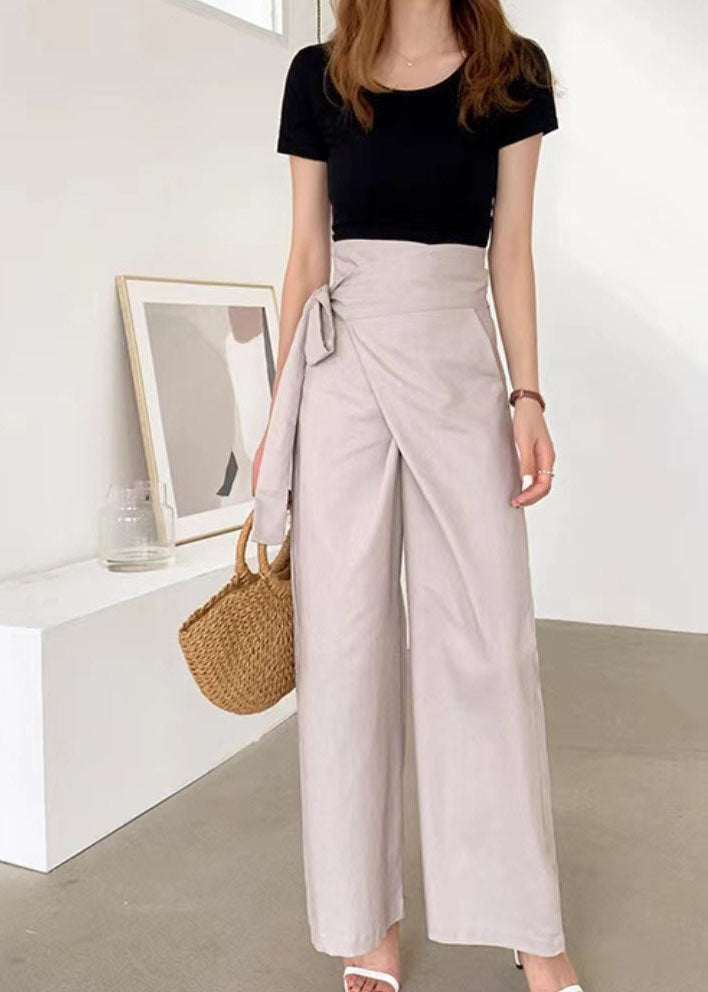 Natural Apricot Asymmetrical Lace Up Patchwork Cotton Pants Summer LY2593