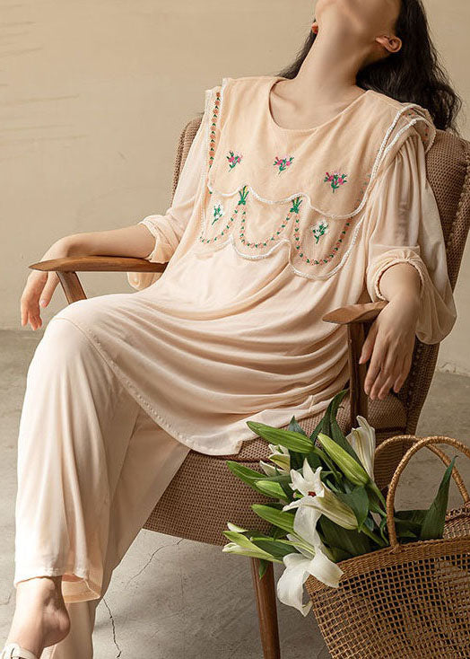 Natural Apricot O-Neck Embroideried Patchwork Ice Silk Pajamas Two Piece Spring LY2761 - fabuloryshop