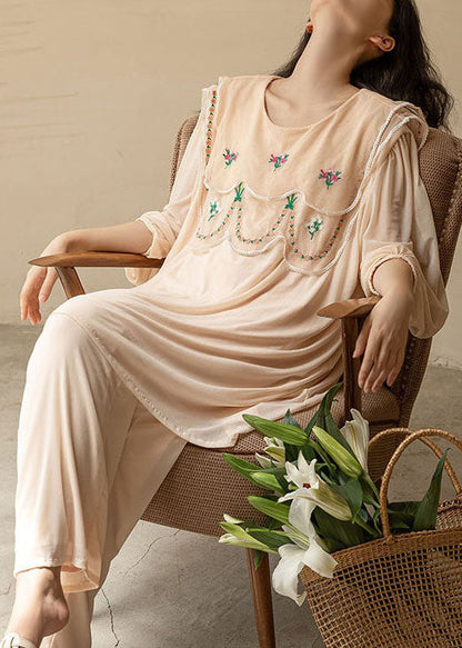 Natural Apricot O-Neck Embroideried Patchwork Ice Silk Pajamas Two Piece Spring LY2761 - fabuloryshop