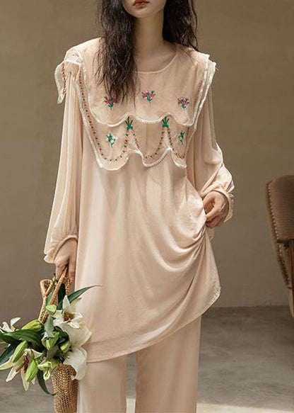 Natural Apricot O-Neck Embroideried Patchwork Ice Silk Pajamas Two Piece Spring LY2761 - fabuloryshop