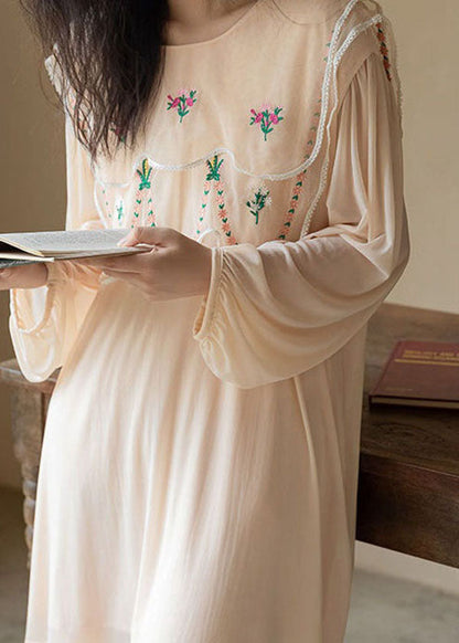 Natural Apricot O-Neck Embroideried Patchwork Ice Silk Pajamas Two Piece Spring LY2761 - fabuloryshop