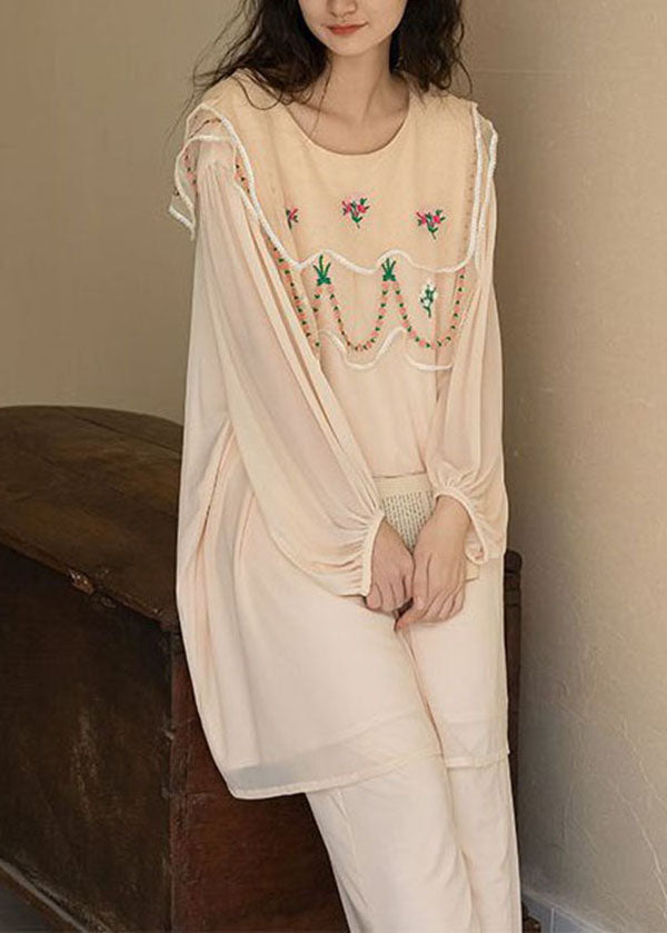 Natural Apricot O-Neck Embroideried Patchwork Ice Silk Pajamas Two Piece Spring LY2761 - fabuloryshop