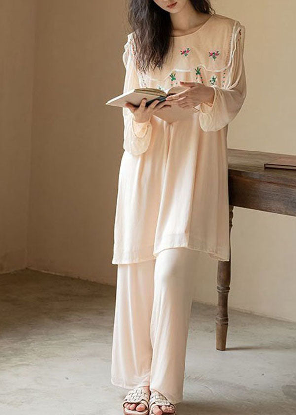 Natural Apricot O-Neck Embroideried Patchwork Ice Silk Pajamas Two Piece Spring LY2761 - fabuloryshop