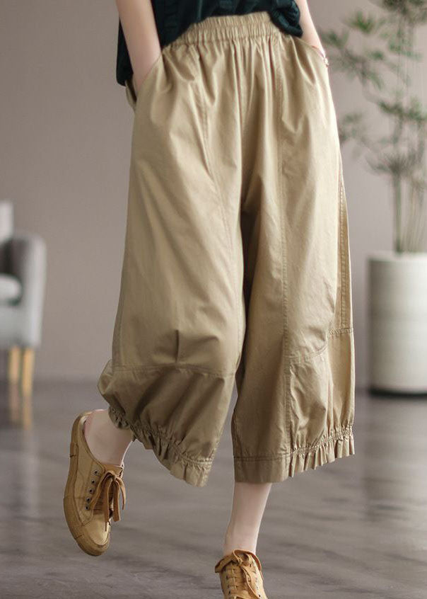 Natural Apricot Pockets Wrinkled Patchwork Cotton Crop Pants Summer LY0580