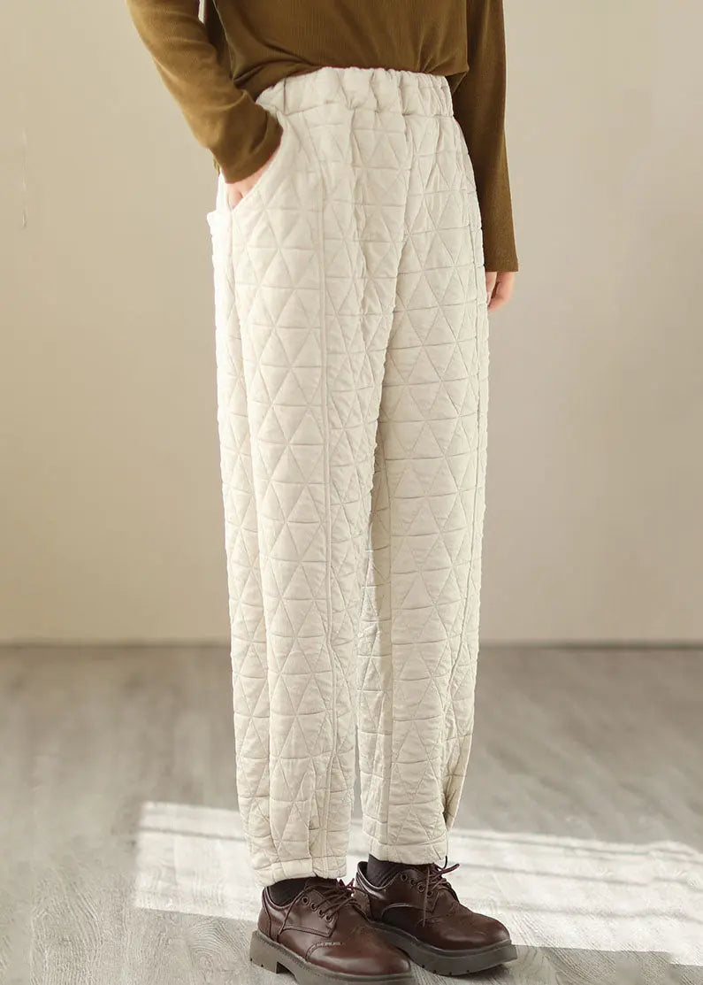 Natural Beige Elastic Waist Fleece Pants Winter Ada Fashion