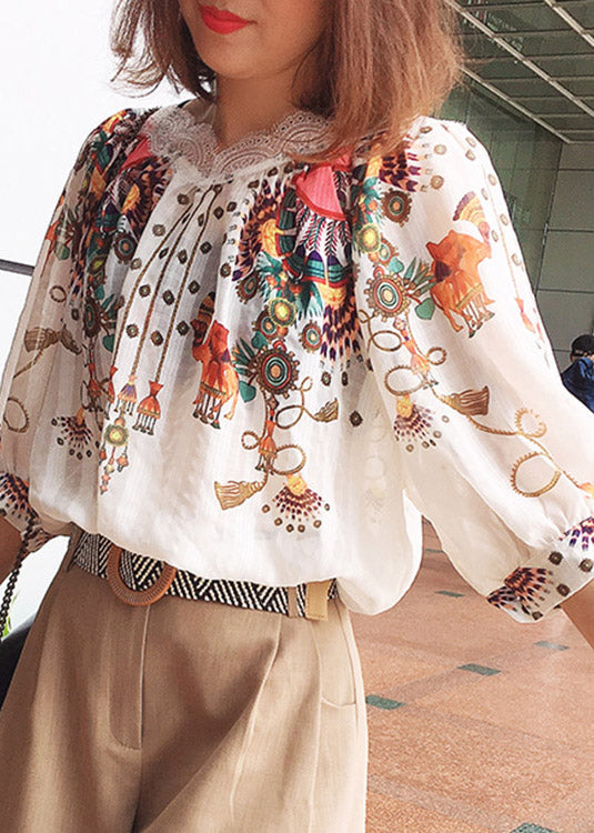 Natural Beige O-Neck Print Silk Shirt  Summer LY1520 - fabuloryshop