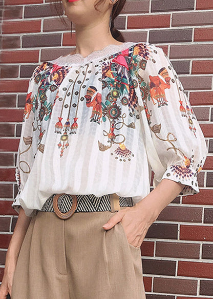 Natural Beige O-Neck Print Silk Shirt  Summer LY1520 - fabuloryshop