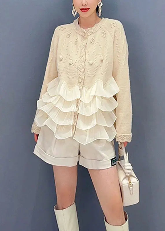 Natural Beige O-Neck Tulle Patchwork Knit Top Long Sleeve Ada Fashion