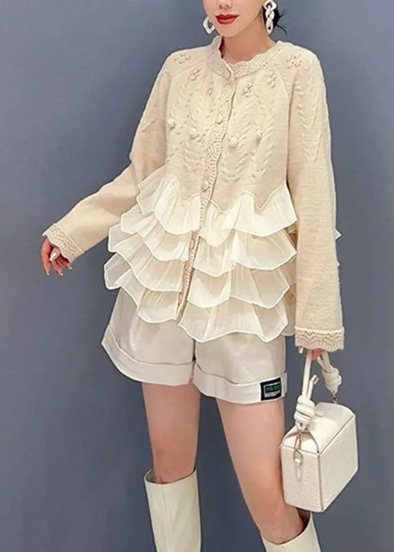 Natural Beige O-Neck Tulle Patchwork Knit Top Long Sleeve Ada Fashion