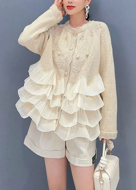 Natural Beige O-Neck Tulle Patchwork Knit Top Long Sleeve Ada Fashion