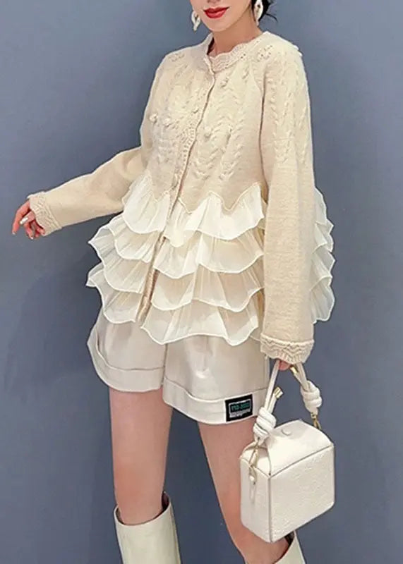 Natural Beige O-Neck Tulle Patchwork Knit Top Long Sleeve Ada Fashion