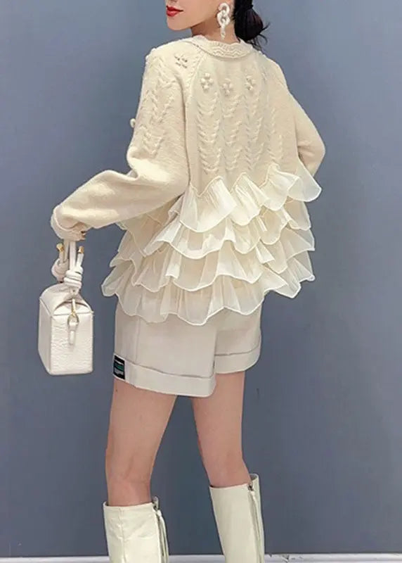 Natural Beige O-Neck Tulle Patchwork Knit Top Long Sleeve Ada Fashion