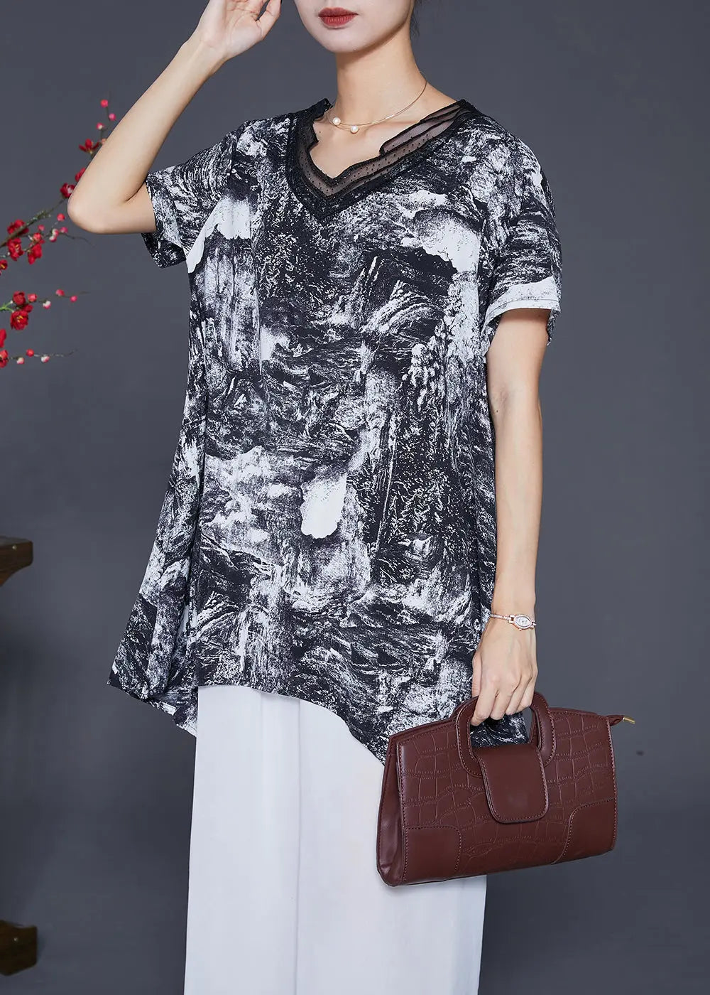 Natural Black Asymmetrical Tie Dye Chiffon Shirt Tops Summer Ada Fashion