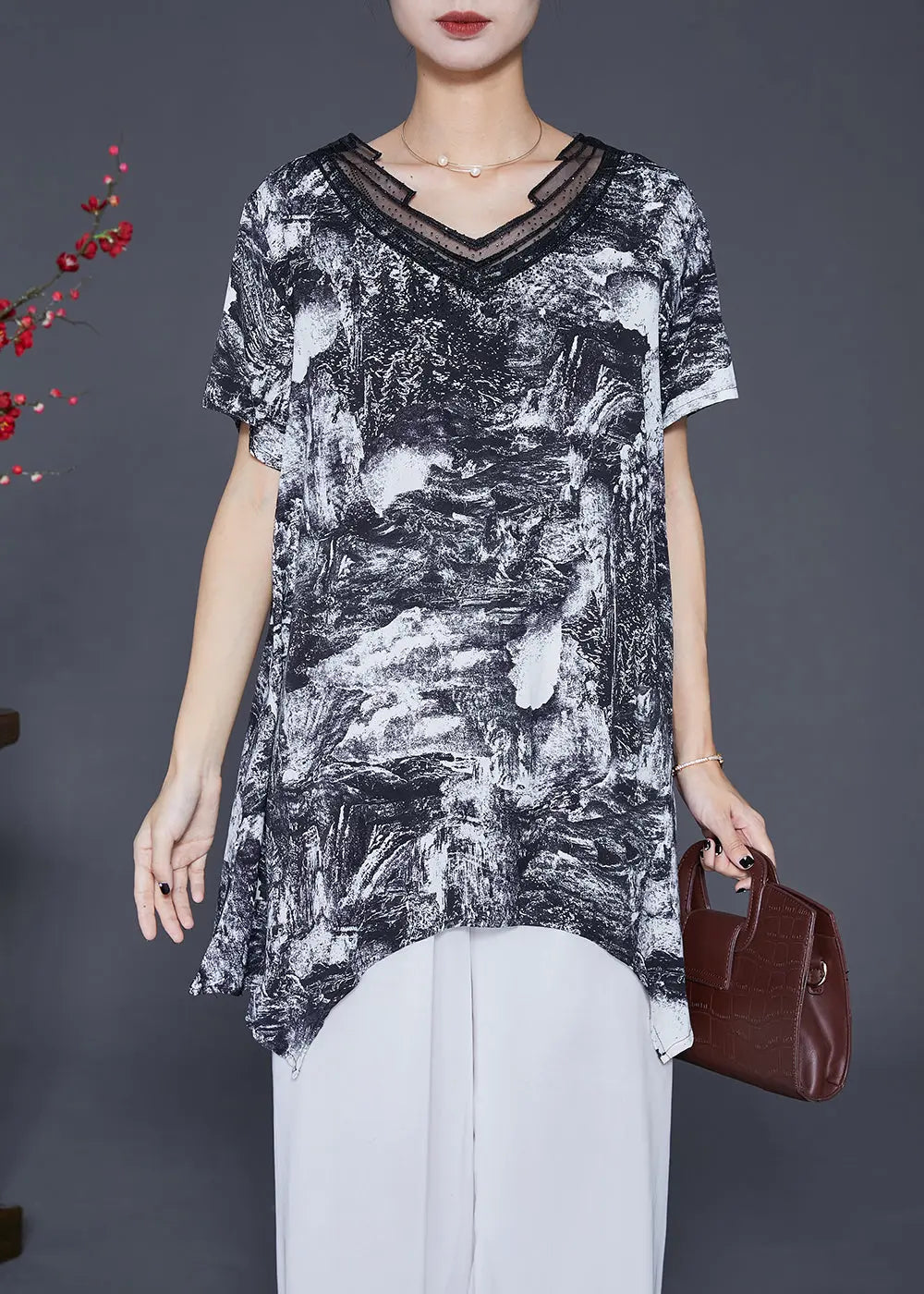 Natural Black Asymmetrical Tie Dye Chiffon Shirt Tops Summer Ada Fashion