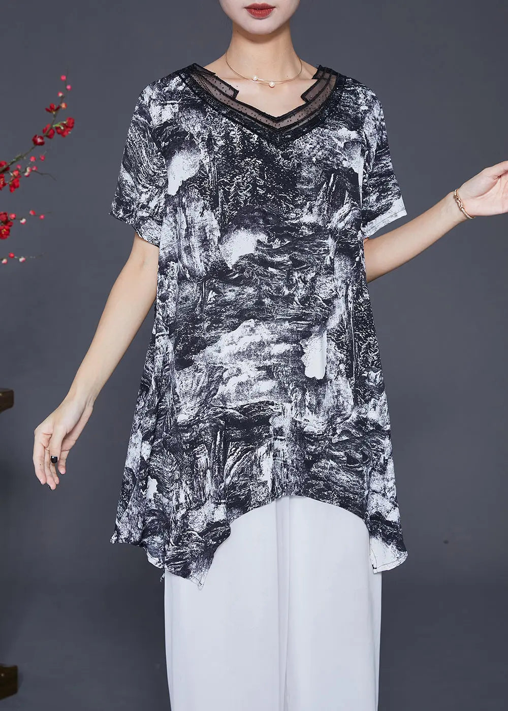 Natural Black Asymmetrical Tie Dye Chiffon Shirt Tops Summer Ada Fashion