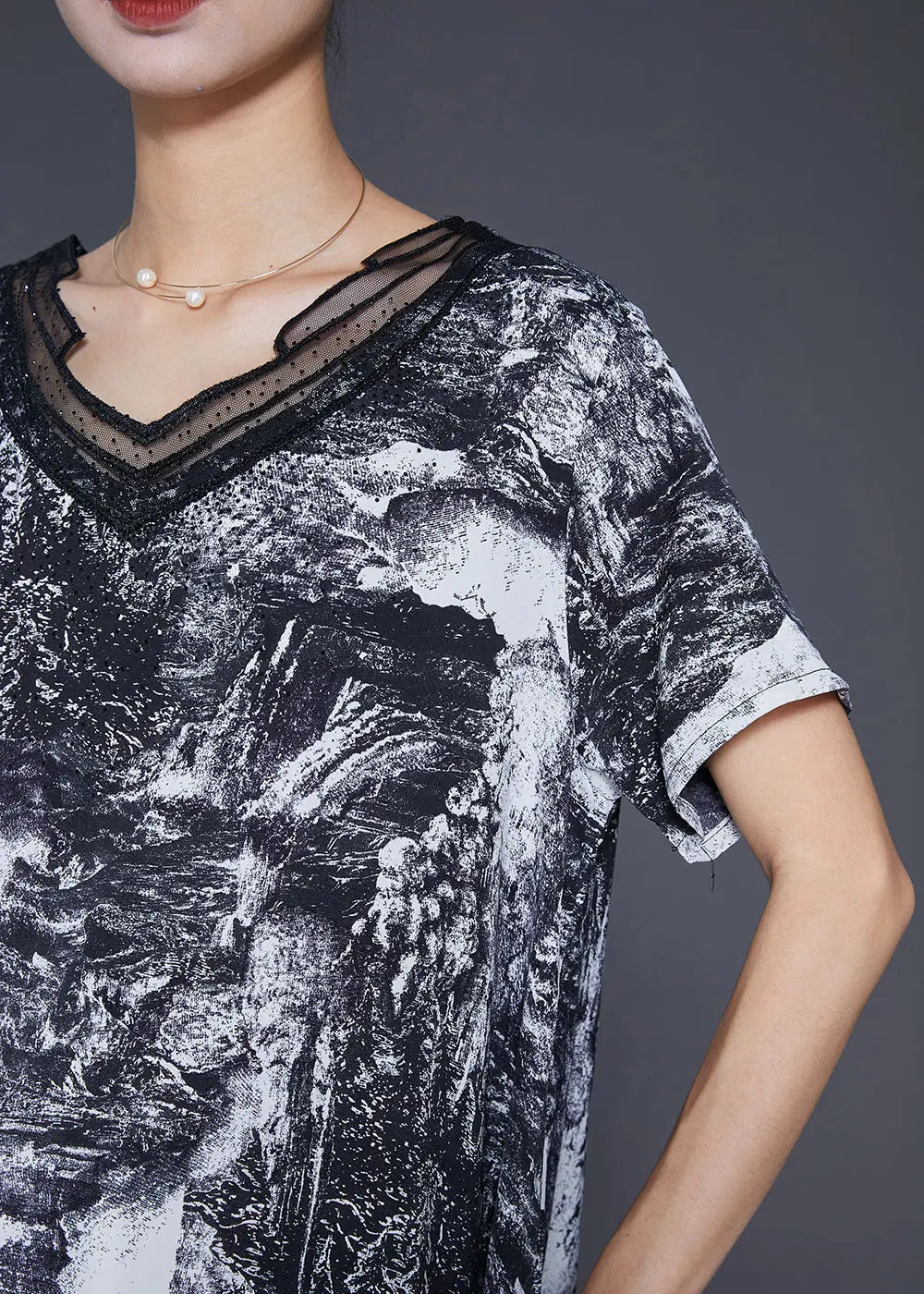 Natural Black Asymmetrical Tie Dye Chiffon Shirt Tops Summer Ada Fashion