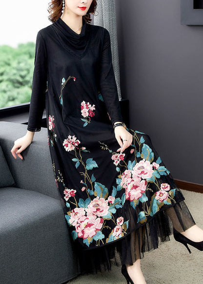 Natural Black Embroideried Patchwork Silk Holiday Dress Spring LC0210 - fabuloryshop