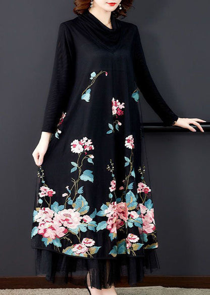 Natural Black Embroideried Patchwork Silk Holiday Dress Spring LC0210 - fabuloryshop