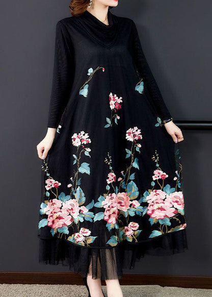 Natural Black Embroideried Patchwork Silk Holiday Dress Spring LC0210 - fabuloryshop