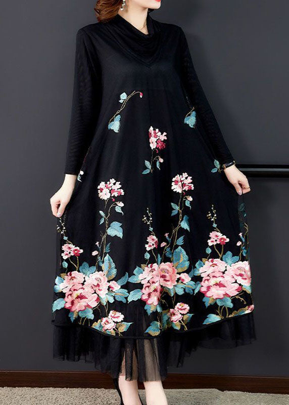 Natural Black Embroideried Patchwork Silk Holiday Dress Spring LY1728 - fabuloryshop