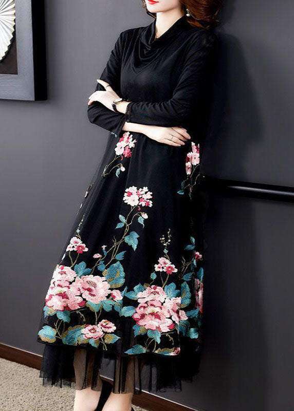 Natural Black Embroideried Patchwork Silk Holiday Dress Spring LC0210 - fabuloryshop