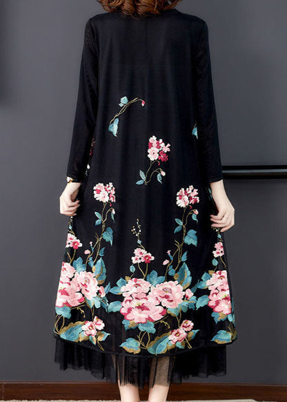 Natural Black Embroideried Patchwork Silk Holiday Dress Spring LC0210 - fabuloryshop