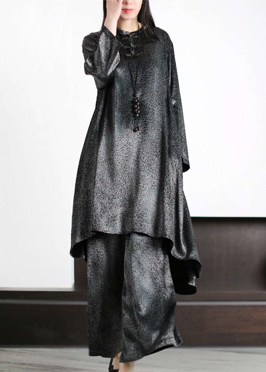 Natural Black O-Neck Draping Silk Long Top And Wide Leg Pants Two Piece Set Long Sleeve LY5128 - fabuloryshop