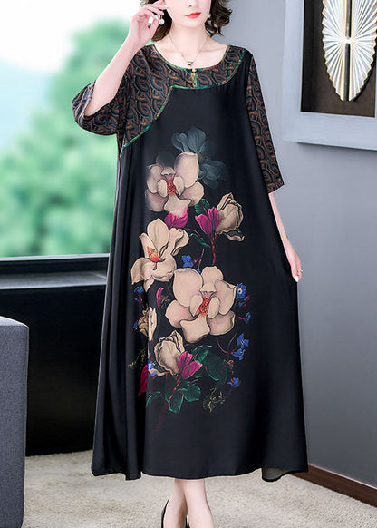 Natural Black O Neck Floral Print Patchwork Silk Long Dresses Summer LY5952 Ada Fashion