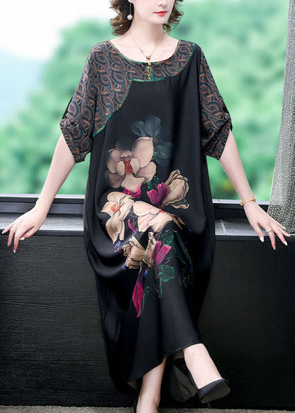 Natural Black O Neck Floral Print Patchwork Silk Long Dresses Summer LY5952 Ada Fashion